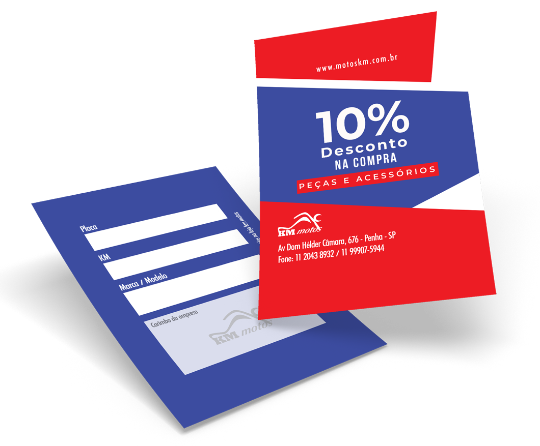 KM Motos panfleto promocional de 10% de desconto.